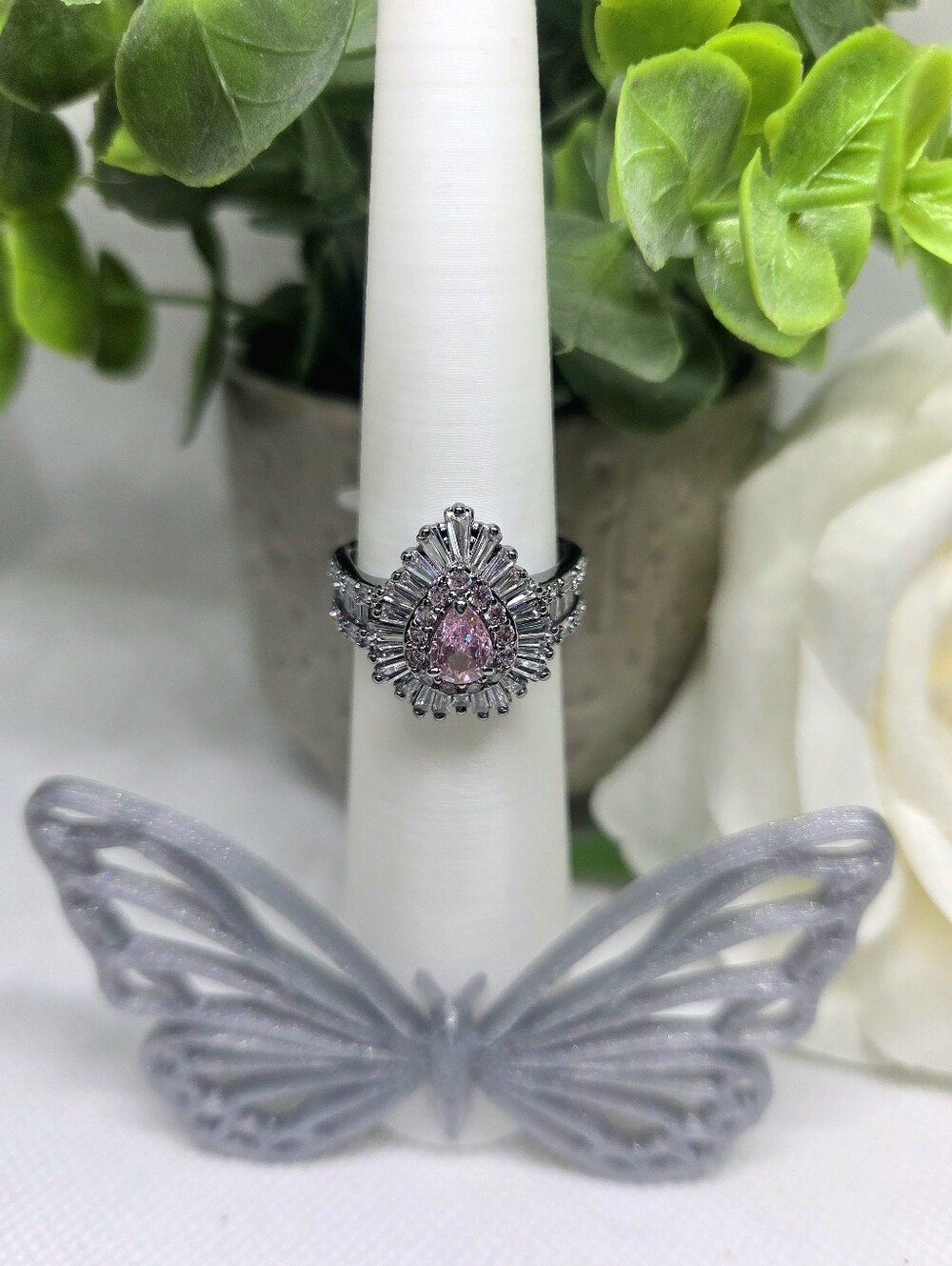 Radiant Pear Pink Halo Ring in Silver-Tone